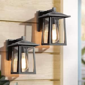 Black Modern Outdoor Wall Light 1-Light Hardwired Anti-Rust Entryway Patio Wall Lantern With Clear Glass Shade (2-pack)