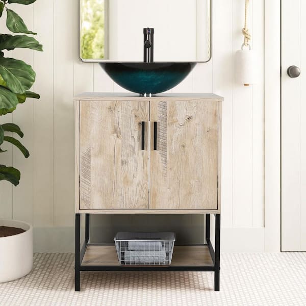 24 in. W x 20 in. D x 31.5 in. H Freestanding Bath Vanity in Oak with 1-Turquoise Vessel Ceramic Top with ORB Faucet