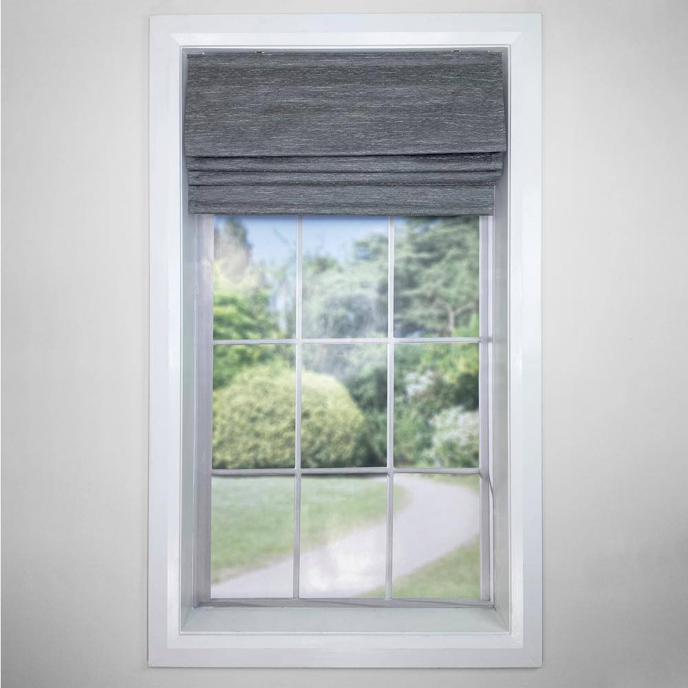 Ash Grey Cordless Roman Blackout Outdoor Fabric Shades 63" x 34"