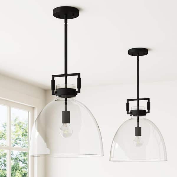 Nathan James 1-Light Leigh 74 in. Black Ceiling Hanging Pendant Light with Oversized Glass Shade and Adjustable Cord, Set of 2