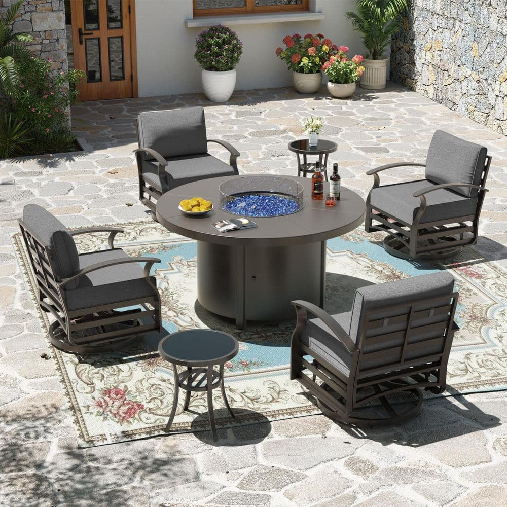 5-Piece Outdoor Aluminum Swivel Rocking Chairs Patio Converstion Set with 40,000BTU Round Fire Pit Table, Grey Cushions price history on PriceWatchPro
