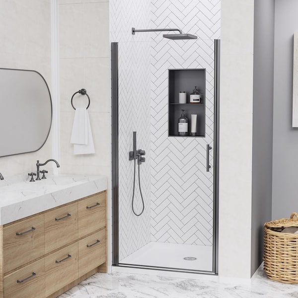 36-37 in. W x 72 in. H Pivot Swing Frameless Shower Door with Nano-Coated Clean Tempered Glass in Matte Black