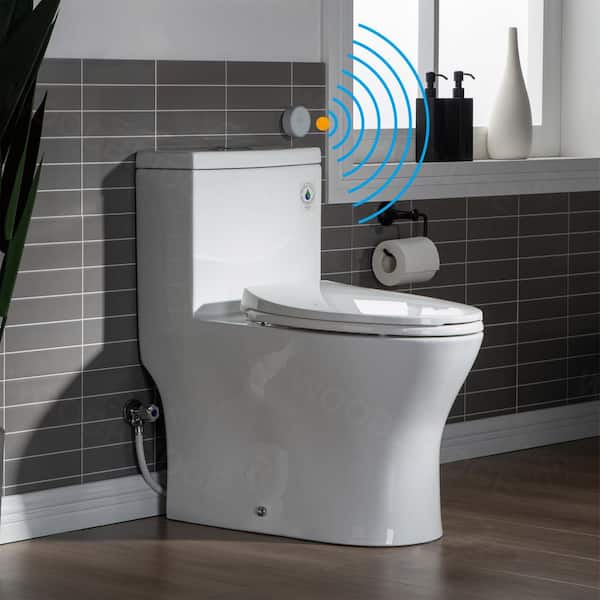 WOODBRIDGE Trenton 1-piece 1.1/1.6 GPF High Efficiency Dual Flush Elongated Toilet in White with Soft Closed Seat Included