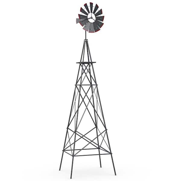 Costway 96 in. H Gray Metal Ornamental Wind Spinner Windmill with 4 Support Legs Decorative Weathervane for Backyard