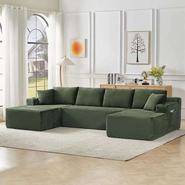 James Mnimalist 133.5 in. Corduroy Fabric Upholstered U-Shaped Compressed Sectional Sofa in. Green with Cup Holder