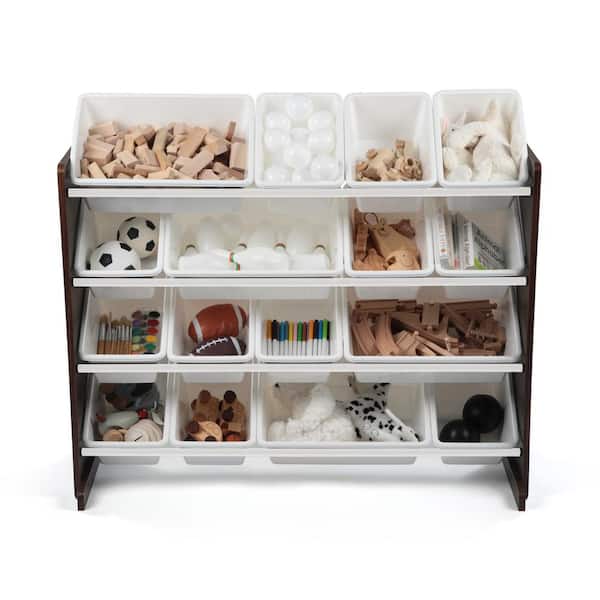 Costway Kids Wooden Toy Storage Unit Organizer w/Rolling Toy Box & Plastic  Bins Espresso