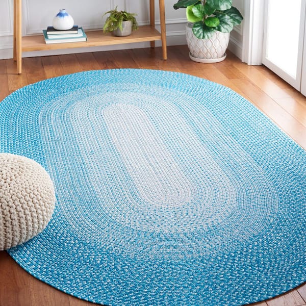 Braided Aqua 3 ft. x 5 ft. Machine Washable Ombre Border Oval Area Rug