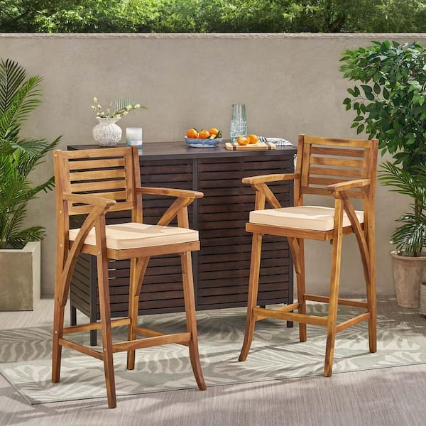 Unbranded Brown Acacia Wood Outdoor Bar Stool Bar Height Patio Chairs Barstools with Beige Cushion and Armrests (Set of 2)