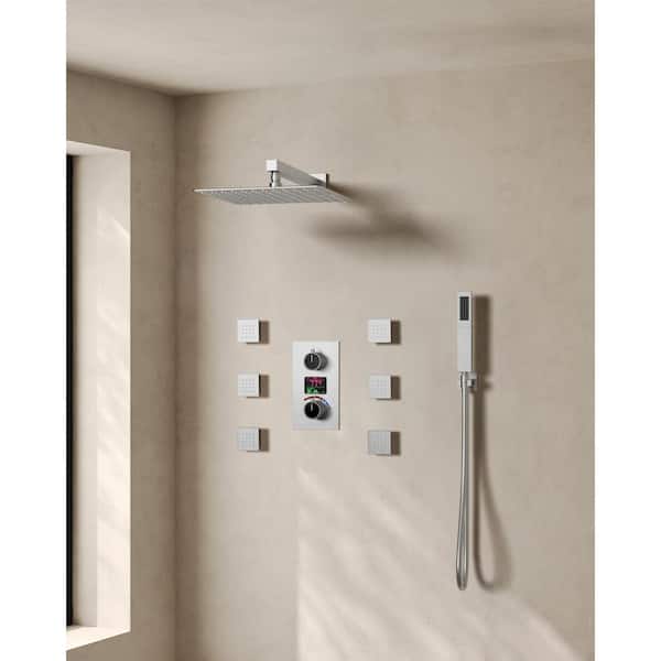 Temperature Display Double Handle 3-Spray 12 in. Wall Mount Shower Faucet with Body Spray in Brushed Nickel