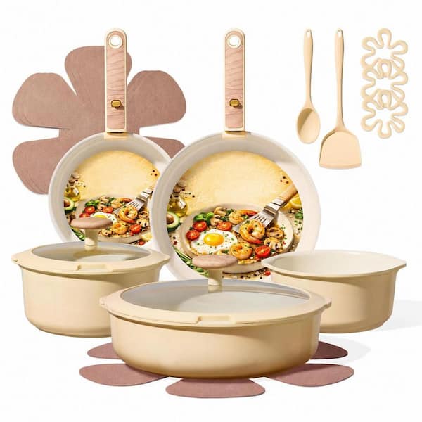 18 Piece Ceramic Nonstick Cookware Set with Detachable Handle in Yellow for Induction and All Cooktops