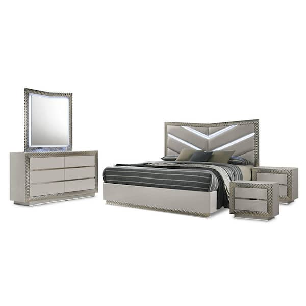 Dulce 5-Piece Gray Wood Frame King Platform Bedroom Set with LED on Chevron Headboard and Mirror, Silver Molding