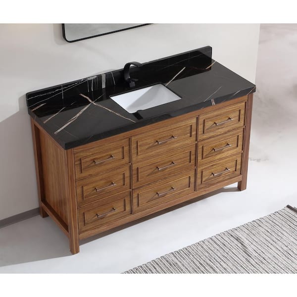 Luxury Ebony Series 60 in. 1 Freestanding Light Brown Finish Bath Vanity with 2 in. Black Natural Marble Top Assembled