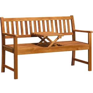 Silvan 55 in. 2-Person Medium Brown Acacia Wood Outdoor Bench with Pop Up Table