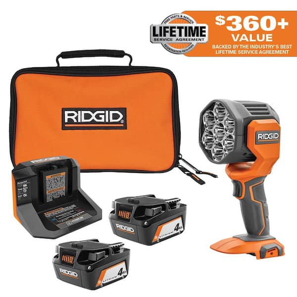 RIDGID 18V 2 4.0 Ah Batteries and Charger Kit with 18V Cordless LED Spotlight AC93044SBN R8699B The Home Depot