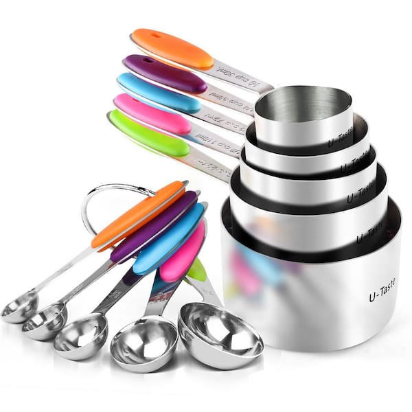 Adrinfly Upgraded 10-Piece Stainless Steel Multicolored Measuring Cup Set with Dishwasher Safe