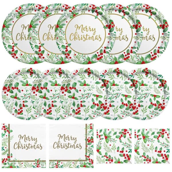 Christmas Seasonal Holly 200-Piece Party Tableware Set with Gold Print Red and Green Paper Service for 50