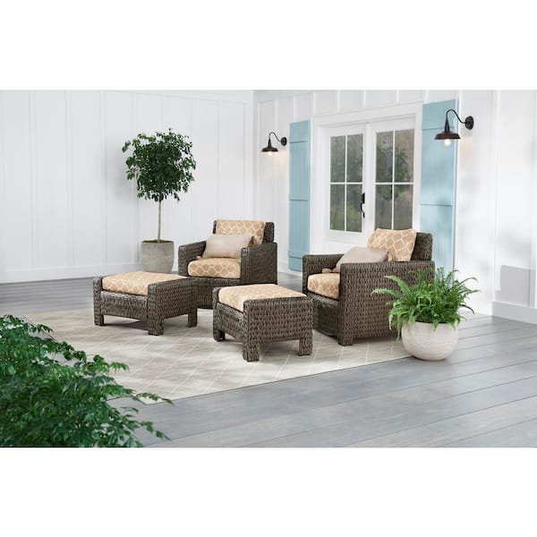 Hampton Bay Laguna Point Brown Wicker Outdoor Patio Ottoman with CushionGuard Toffee Trellis Tan Cushions (2-Pack)