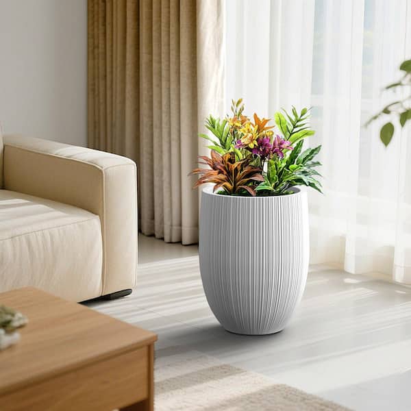 17 in. Large Pearl White Concrete Round Fluted Planter Pot Barrel-Style Plant Pot with Drainage Holes, Upgraded Interior