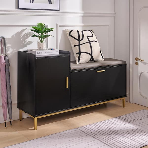 VECELO Black Shoe Storage with Flip Drawers Entryway Bench Cabinet with Removable Seat Cushion