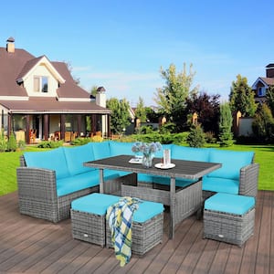 7-Pieces Wicker Patio Conversation Sectional Seating Set with Turquoise Cushions