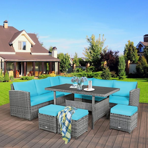 Costway 7-Pieces Wicker Patio Conversation Sectional Seating Set with Turquoise Cushions