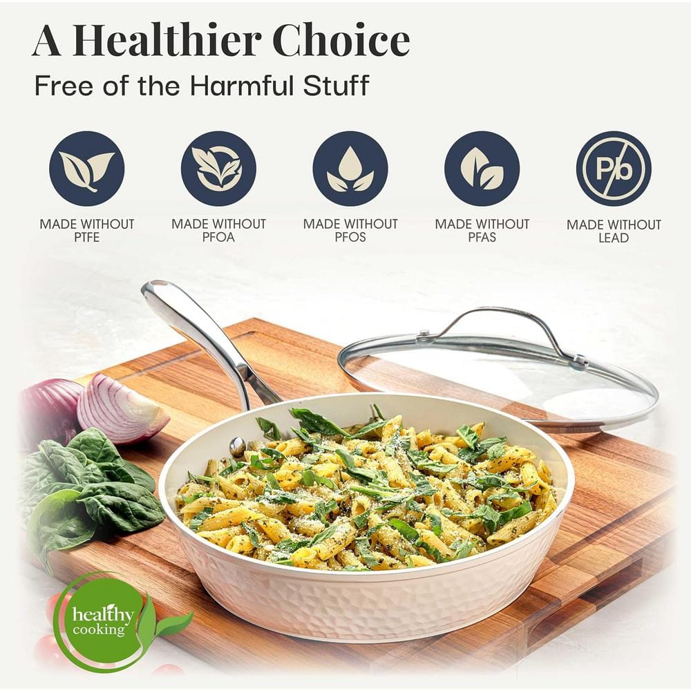 Cream Hammered 15-Piece Ceramic Nonstick Cookware Set with Utensils