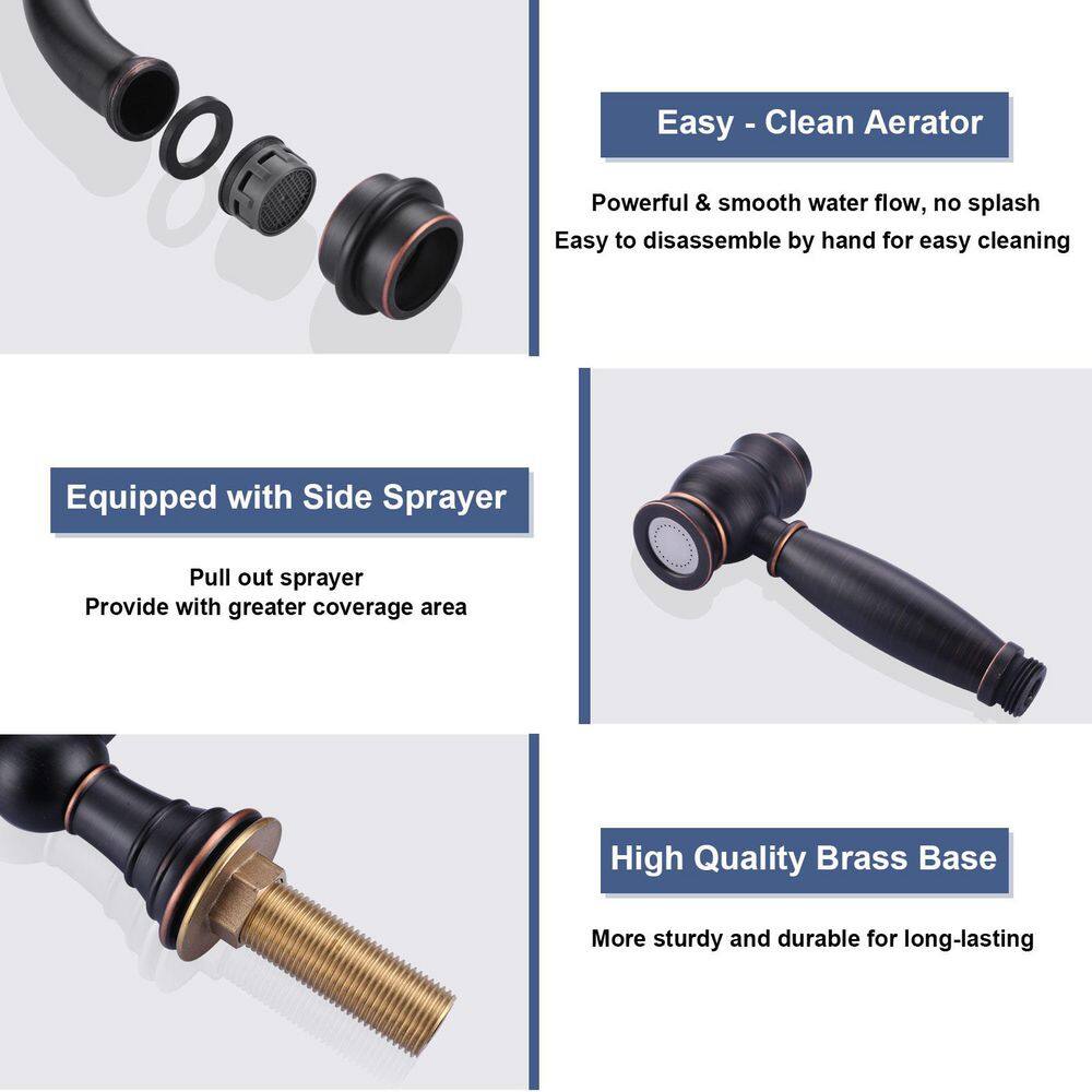 Oil Rubbed Bronze Double Handle High-Arc Widespread Kitchen Faucet with Pull-out Spray