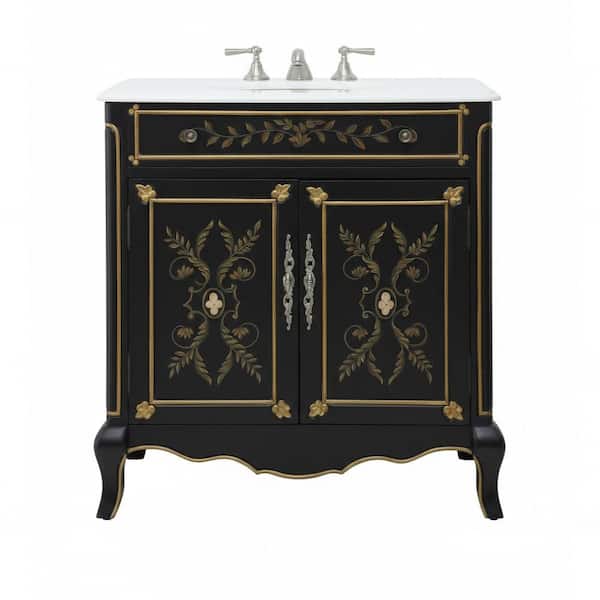 Floral Hand Paint 32 in. W x 22 in. D x 34.5 in. H Bathroom Sink Vanity in Black White Marble Top