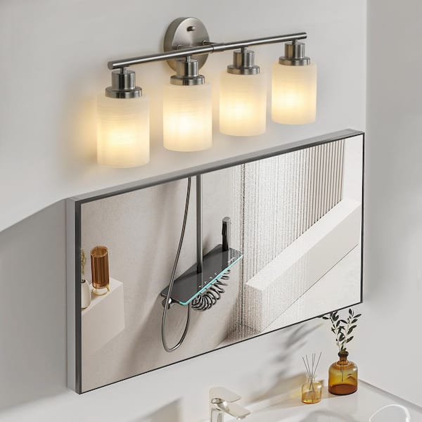24 in. 4-Light Brushed Nickel Vanity Lights Fixture with Frosted Glass Shades and No bulbs Included