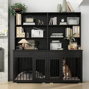 Dog House Furniture Style Dog Crate Storage Cabinet, Indoor Wood 6-Shelf Bookcase Bookshelf with Large Dog Crate, Black