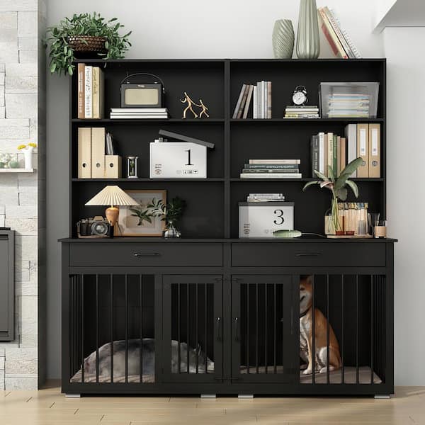 FUFU&GAGA Dog House Furniture Style Dog Crate Storage Cabinet, Indoor Wood 6-Shelf Bookcase Bookshelf with Large Dog Crate, Black