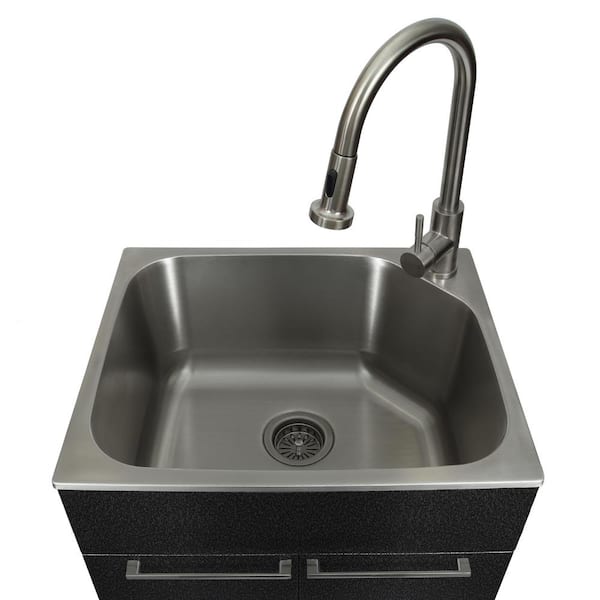 Glacier Bay Stainless Steel Laundry Sink with Faucet and Double Door Cabinet in Black
