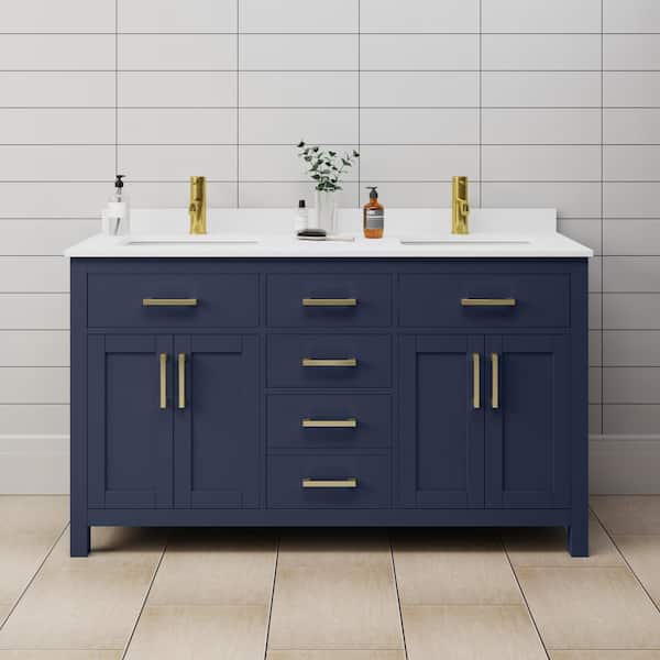 Wyndham Collection Beckett 60 in. W x 22 in. D Double Vanity in Dark Blue with Cultured Marble Vanity Top in White with White Basins
