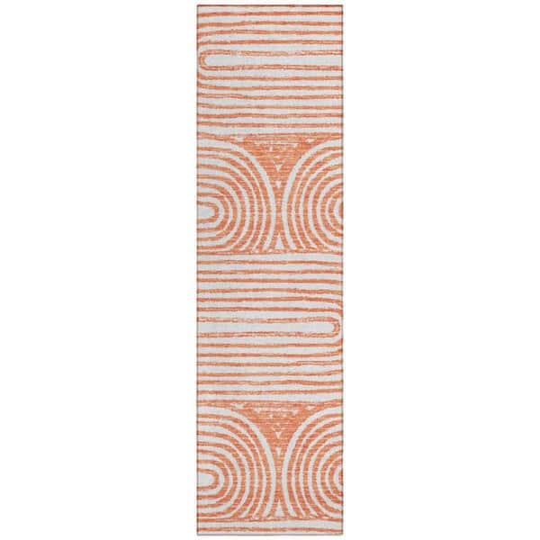 Orange, Ivory 2 ft. x 8 ft. Woven Abstract Polyester Runner Indoor / Outdoor Area Rug