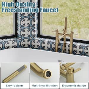 3-Handle Freestanding Floor Mount Roman Industrial Style Tub Faucet Bathtub Filler With Hand Shower In Brushed Gold