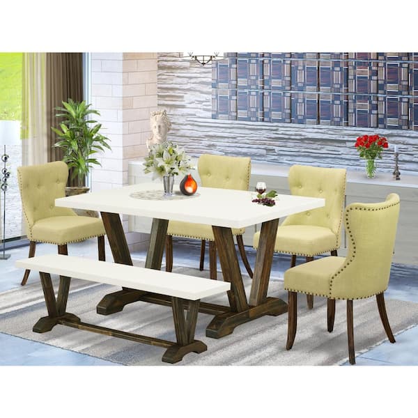 East West Furniture 6-Piece Rectangle Distressed Jacobean Finish Solid Wood Top Dining Table with 1-Bench, 4-Chairs with Lattice Back