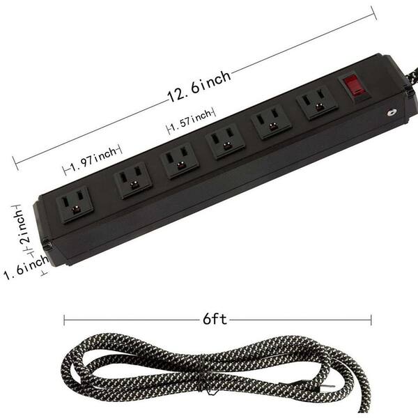 2 Pack Long Power Strip, 6 Metal Power Outlets 2 USB Ports, 6 ft Long  Extension Cord with Hook & Loop, Black