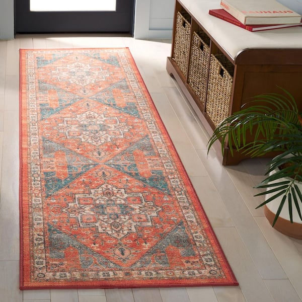 Journey 2 ft. x 8 ft. Rust/Blue Ivory Machine Washable Medallion Aztec Runner Rug