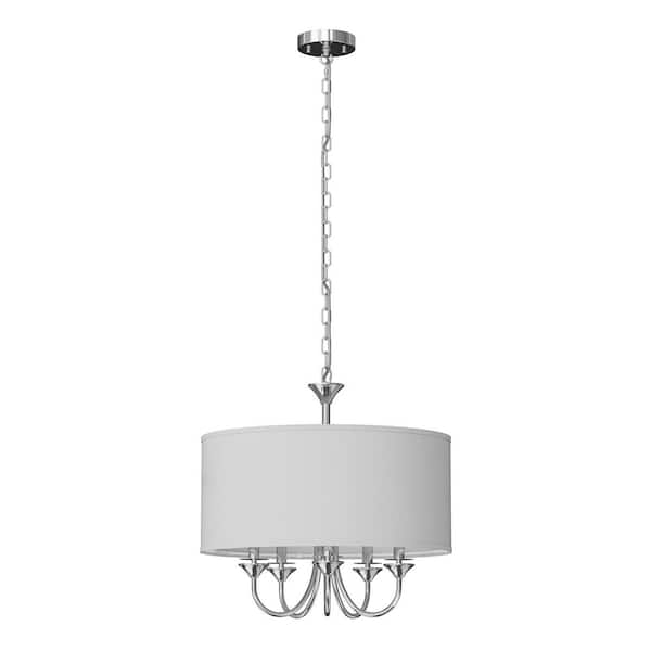 Briignite Modern Industrial 5-Light Chrome Chandelier with White Drum Shade for Dining and Living Rooms (Light Bulbs Not Included)