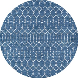 Moroccan Hype Boho Vintage Diamond Blue/White 5 ft. Round Area Rug