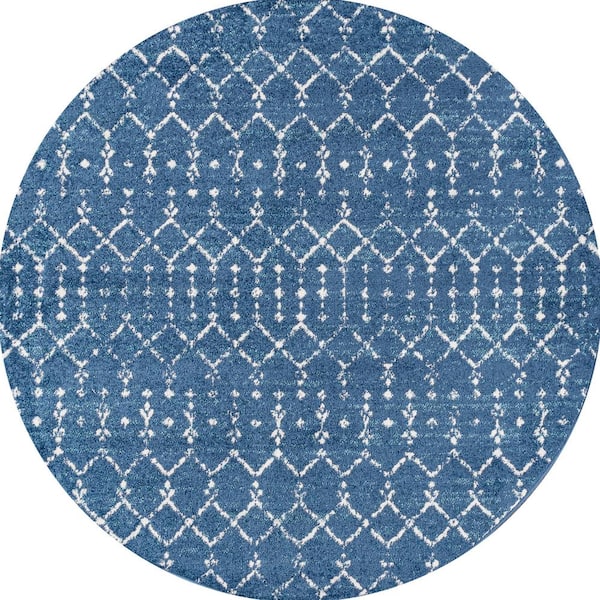 Moroccan Hype Boho Vintage Diamond Blue/White 5 ft. Round Area Rug
