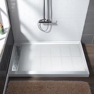 Krasik 60 in. L x 30 in. W Alcove Solid Surface Shower Pan Base with Left Drain in White with Chrome Cover