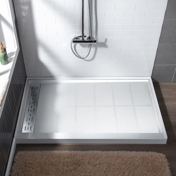 Woodbridge Krasik 60 in. L x 30 in. W Alcove Solid Surface Shower Pan Base with Left Drain in White with Chrome Cover, White with Chrome Drain Cover