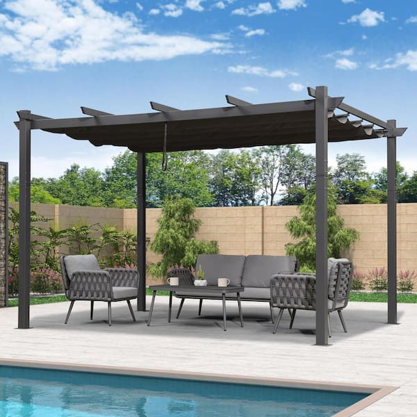 11 ft. x 13 ft. Gray Aluminum Frame Outdoor Patio Pergola Gazebo with Gray Retractable Sun Shade Canopy for Backyard