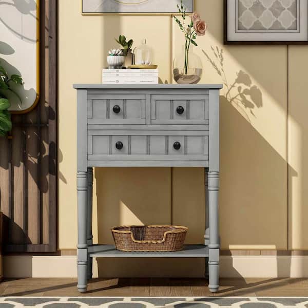 23.7 in. Gray Wash Rectangle Wood Console Table with Three Storage Drawers and Bottom Shelf for Living Room