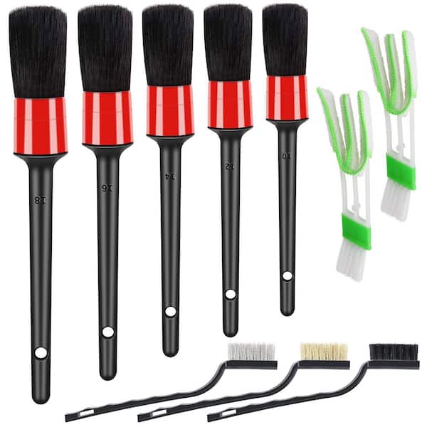 10-Piece Auto Detailing Brush Set with Boar Hair, Wire and Air Vent Brushes for Car Interior and Exterior Cleaning