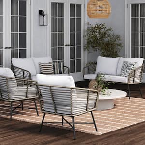 Flow Bohemian 4-Piece Conversation Patio Set, Matte Black Metal Outdoor Loveseat and Chair Set with Pale Gray Cushions