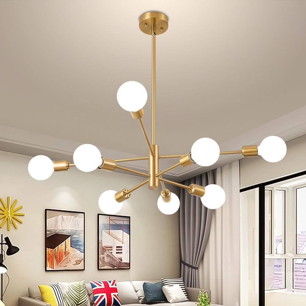 Gold Metal 8-Light Sputnik Chandelier with Geometric Design