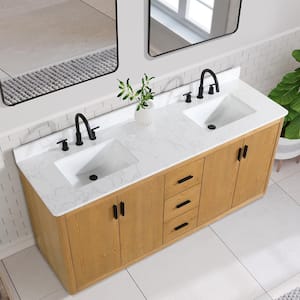 Perla 72 in. W x 22 in. D x 34 in. H Double Sink Bath Vanity in Natural Wood with Grain White Composite Stone Top