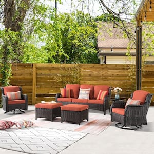 Moonlight Brown 6-Piece Wicker Patio Conversation Seating Sofa Set with Orange Red Cushions and Swivel Rocking Chairs